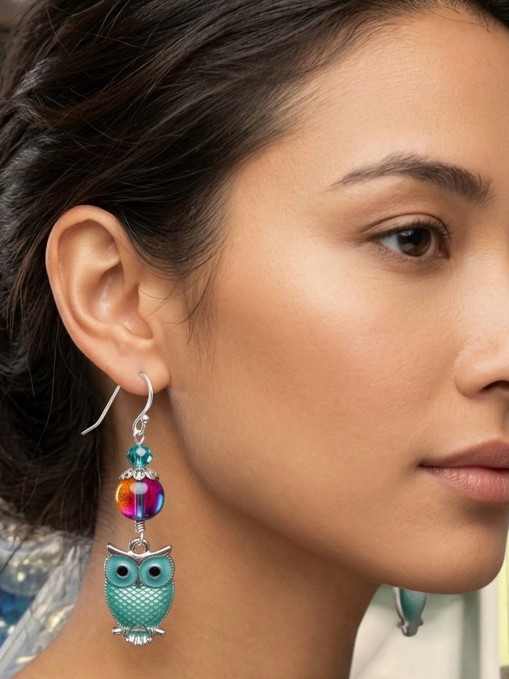 Artisan Teal Owl Hand wrapped Wire Earrings Rainbow Glass Bead